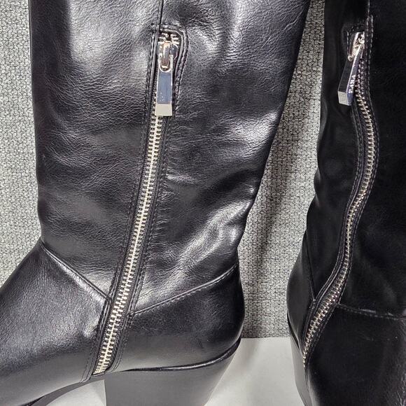 ZARA WOMEN'S BLACK LEATHER COWBOY KNEE HIGH BOOTS – POINTED TOE, WESTERN HEEL - Picture 10 of 13